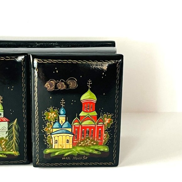 Russian Black Lacquer Box 3 compartments Artist Signed Handpainted 7.25" L - Picture 4 of 11